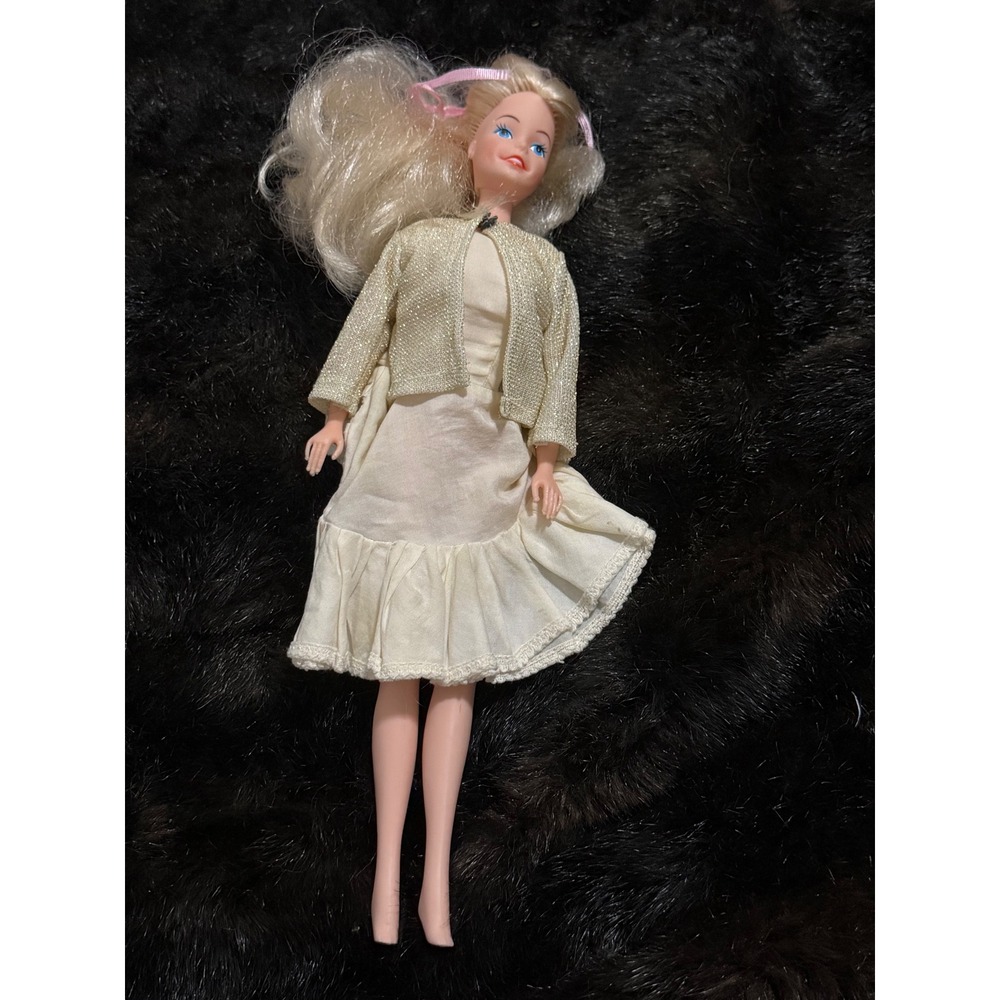 Vintage Barbie Fashion Doll Gold Shimmer Jacket Cream Ruffle Dress Floral Detail